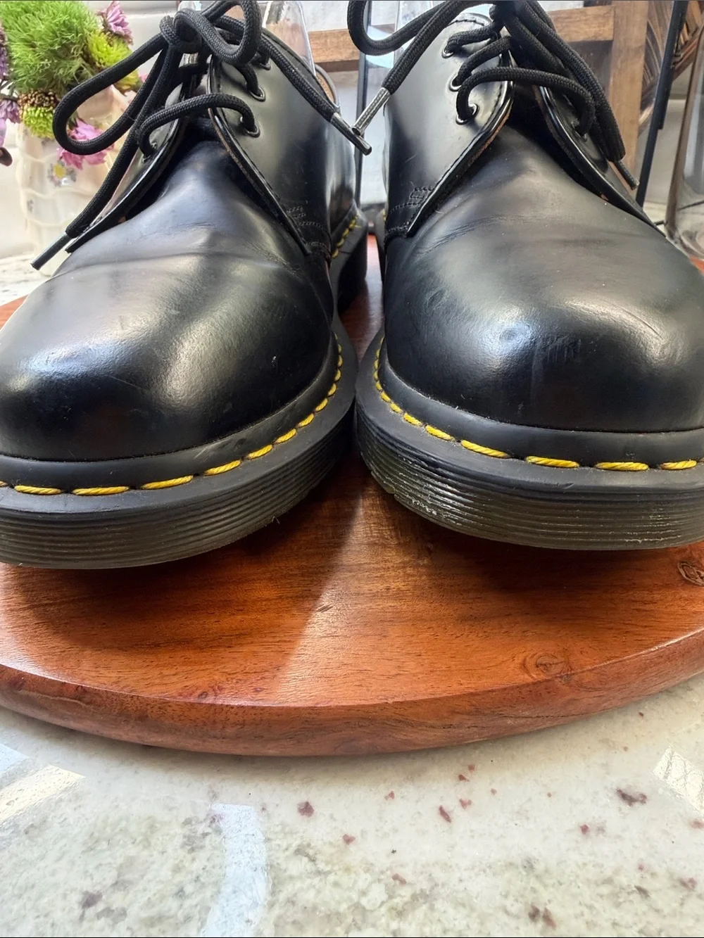 Dr. Martens Black Leather Derby Shoes with Yellow Stitching